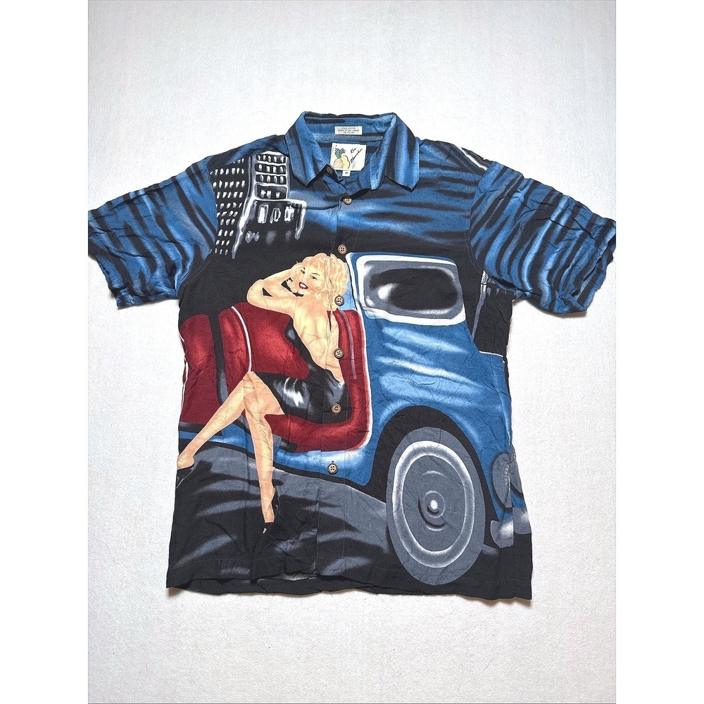 Vintage Ron Chereskin Pin Up Girl Car Rayon Shirt Mens Medium Rockabilly 80s